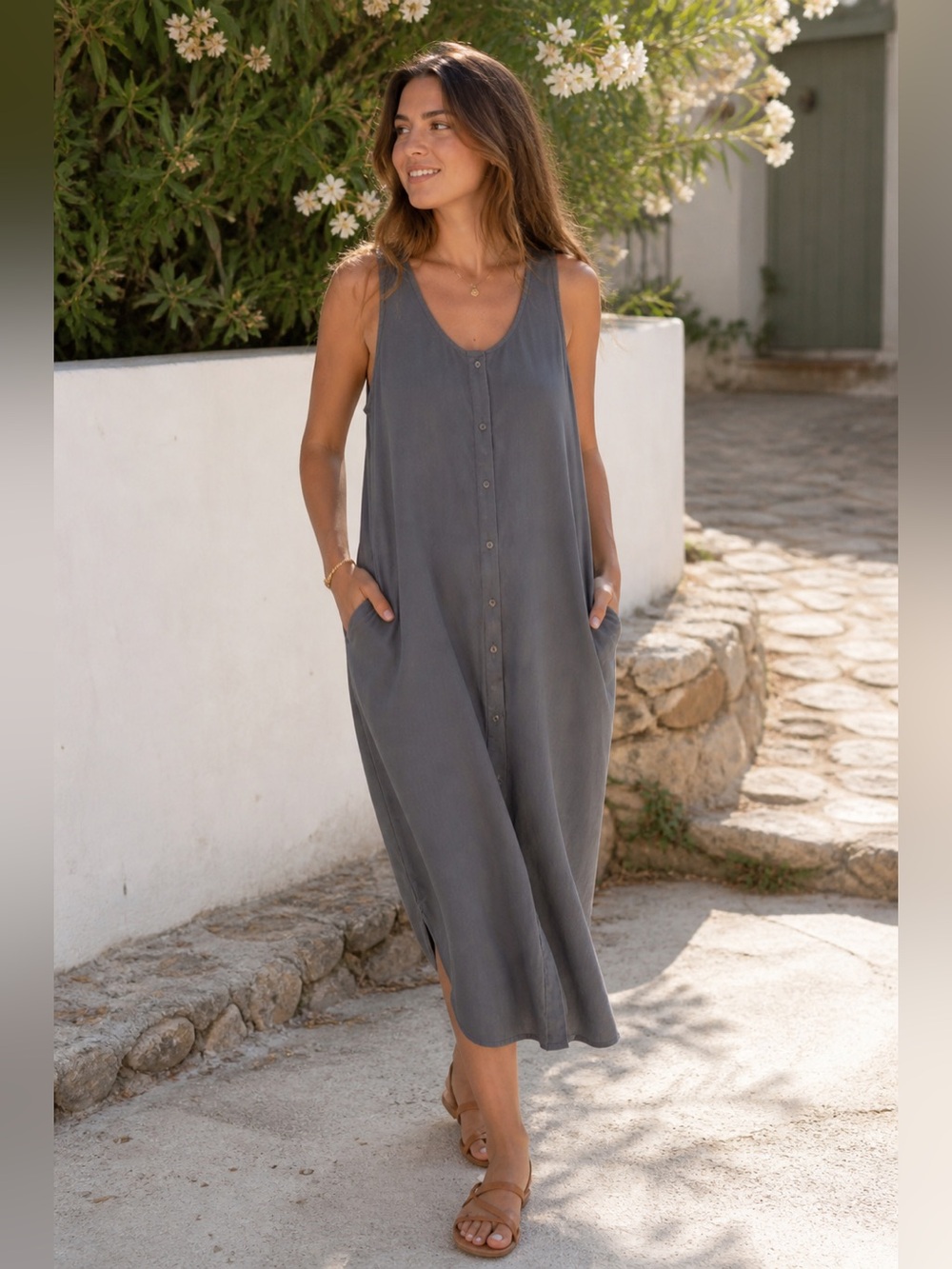 Neuflora Sleeveless Button-Down Gray Midi Dress